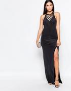Rare Maxi Dress With Side Split And Embellished Neckline - Black