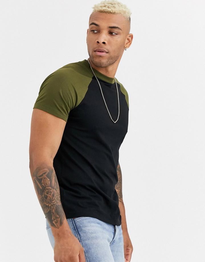 Asos Design Raglan T-shirt With Crew Neck In Black & Khaki