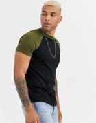 Asos Design Raglan T-shirt With Crew Neck In Black & Khaki