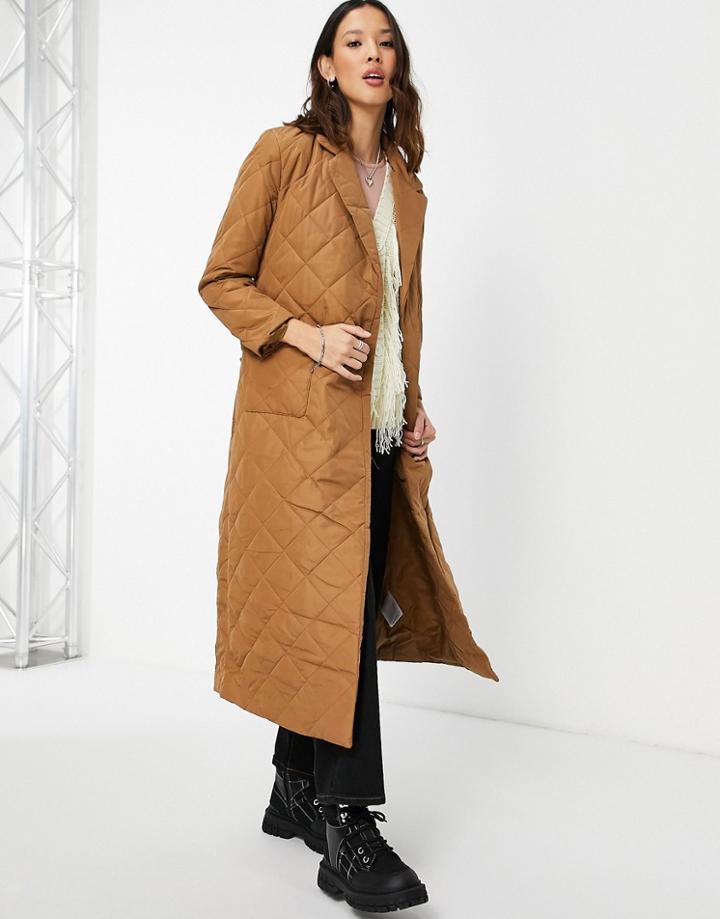 Only Tie Waist Quilted Coat In Camel-brown