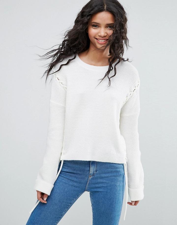 Asos Chunky Sweater With Lace Up Seams - Cream