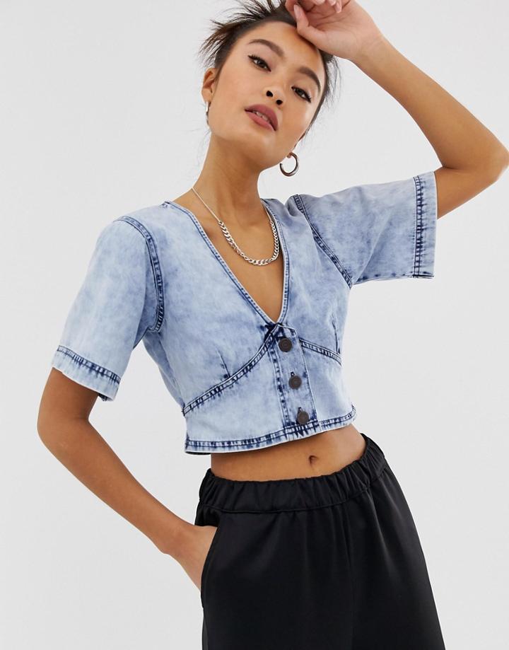 Noisy May Acid Wash Denim Crop Top - Blue