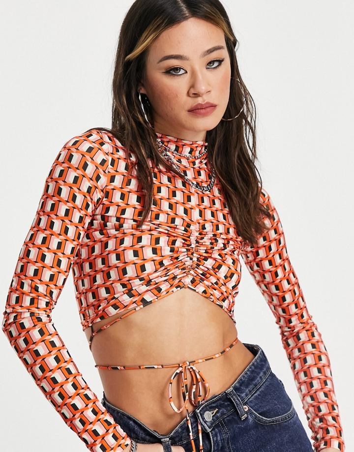 Bershka High Neck Geo Print Ruched Crop Top In Orange