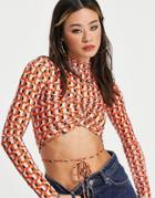 Bershka High Neck Geo Print Ruched Crop Top In Orange