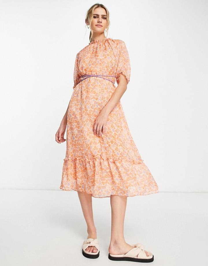 Lost Ink Tie-detail Floral Midi Dress In Orange-multi