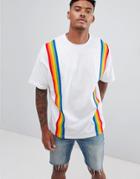 Asos Design T-shirt With Vertical Rainbow Taping In White - White