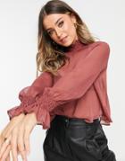 Asos Design Long Sleeve Shirred Neck Sheer Top In Rose-pink