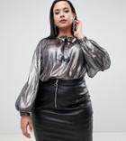Asos Design Curve Oversized Blouse In Metallic With Pussybow - Gold