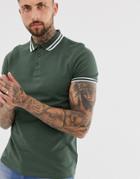 Asos Design Tipped Pique Polo Shirt In Khaki - Green