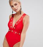 River Island Plunge Stud Detail Swimsuit - Red