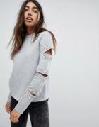 Noisy May Embellished Split Sleeve Sweatshirt - Gray