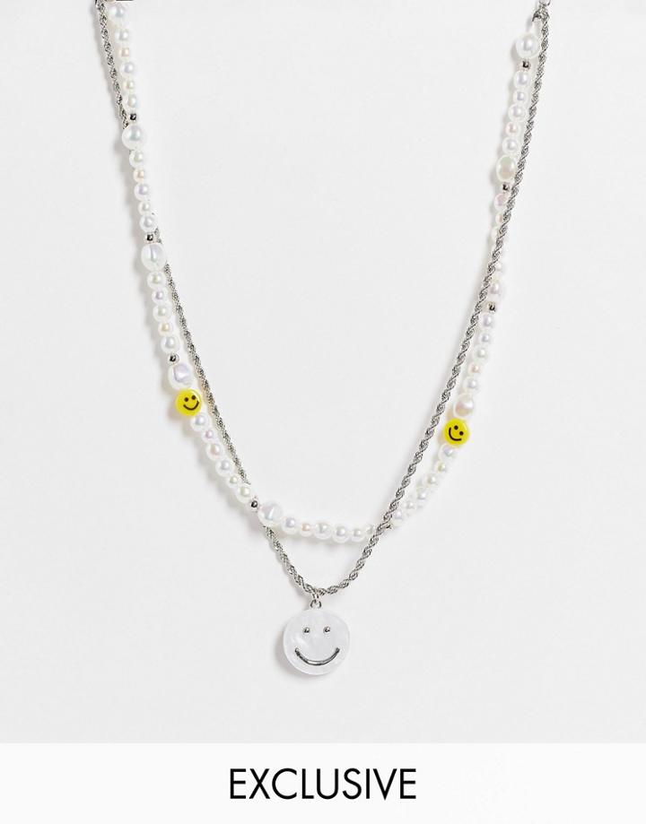 Reclaimed Vintage Inspired Unisex Multirow Happy Face Necklace In Faux Pearl