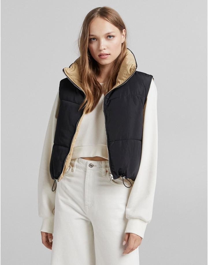 Bershka Reversible Padded Vest In Black/brown-multi
