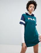 Fila Oversized T-shirt Dress With Hood In Color Block - Green