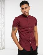 Asos Design Skinny Fit Shirt With Band Collar In Burgundy-red