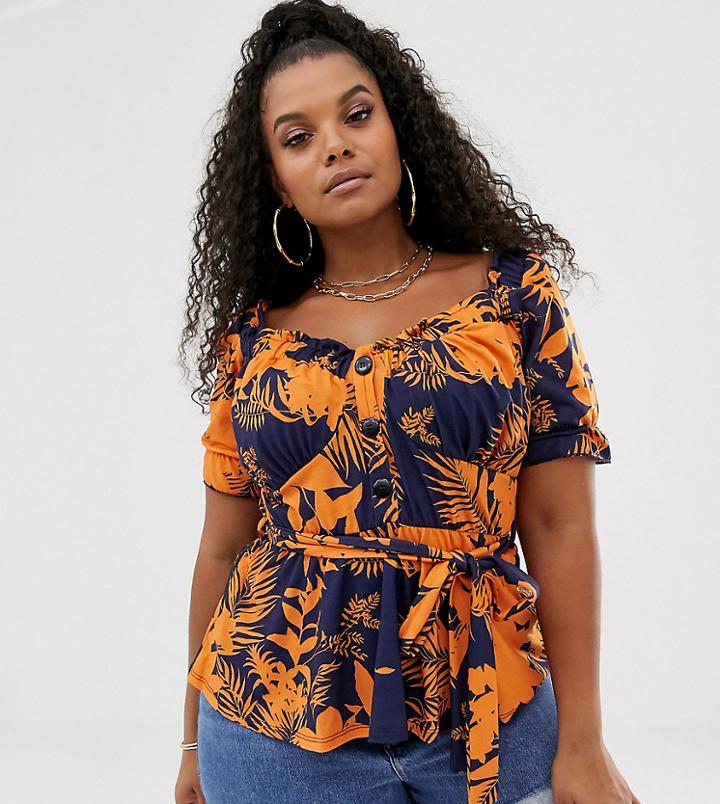 Pink Clove Mini Ruffle Milkmaid Top With Tie Waist In Orange Palm Print-multi