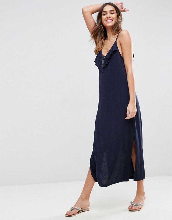 Asos Slinky Maxi Dress With Asymmetric Frill Detail - Navy