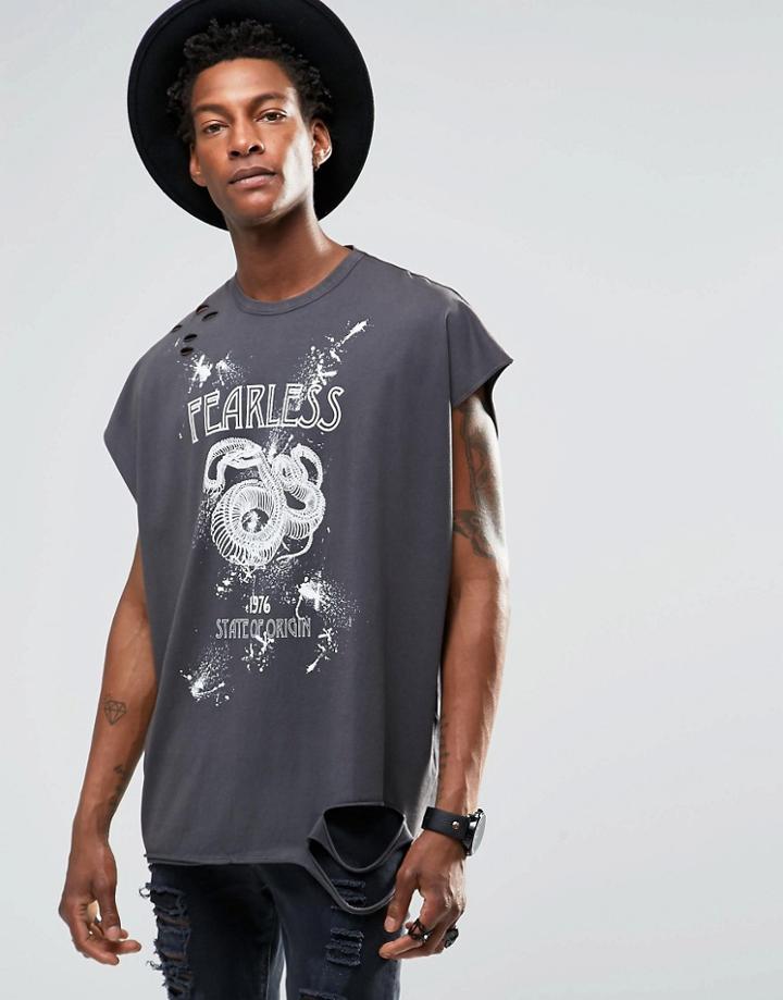Asos Super Oversized Sleeveless T-shirt With Splatter Snake Print And Distressing - Washed Black
