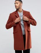 Asos Wool Mix Overcoat In Rust - Red