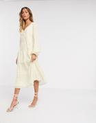 Vila Midi Dress With Balloon Sleeve In Yellow Spot