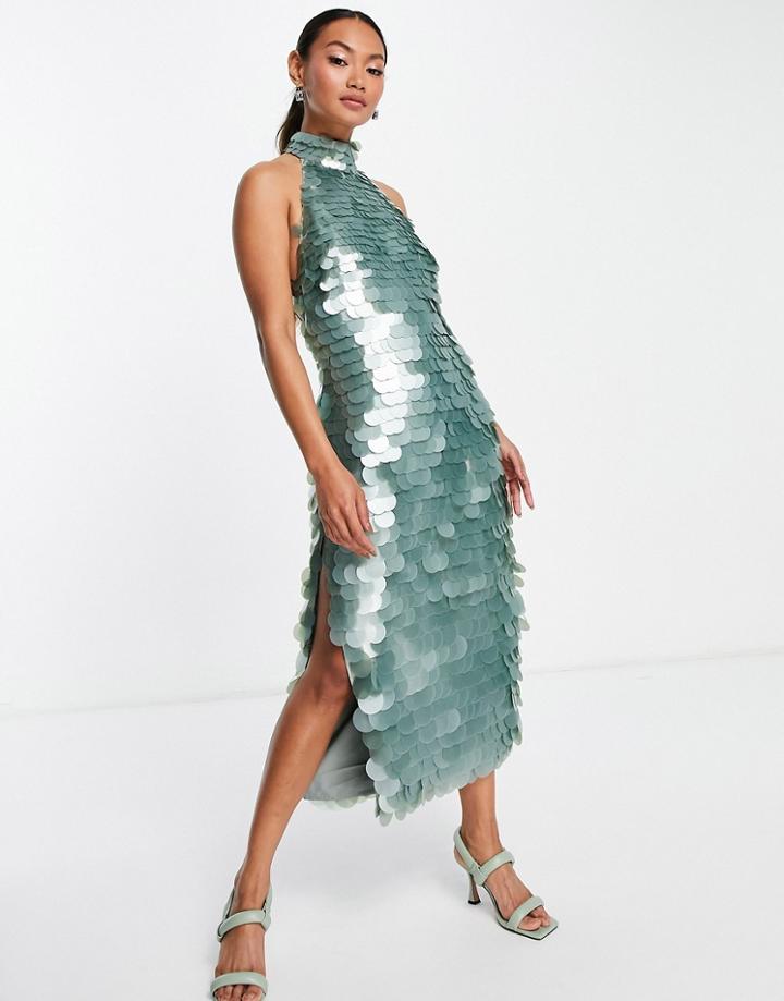 Asos Design High Neck Disc Sequin Midi Dress-green