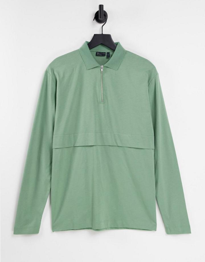 Asos Design Oversized Long Sleeve Polo With Zip Detail In Green