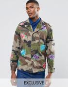 Reclaimed Vintage Military Jacket With Floral Patches - Green