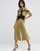 Asos Satin Jumpsuit With Cold Shoulder And Lace Detail - Green