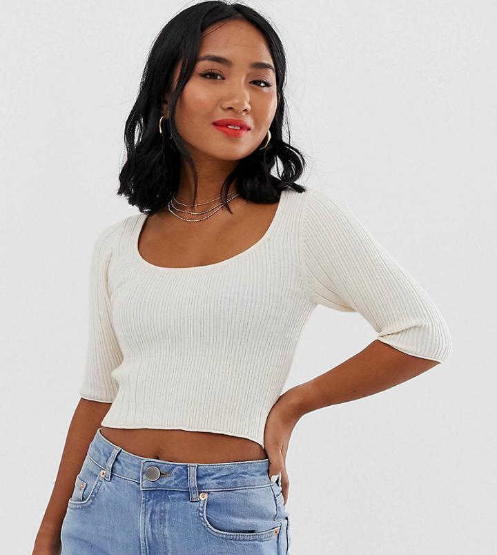 Asos Design Petite Scoop Neck Short Sleeve Sweater In Fine Knit Rib - Cream
