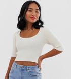 Asos Design Petite Scoop Neck Short Sleeve Sweater In Fine Knit Rib - Cream