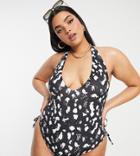 Asos Design Curve Recycled Adjustable Leg Halter Swimsuit In Mono Dot Print-multi