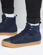 Asos Lace Up High Top Sneakers In Navy Faux Suede With Gum Sole - Navy