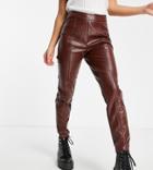 Pieces Petite High Waist Faux Leather Pants In Brown