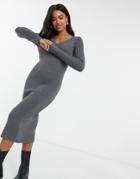Asos Design Knit Dress With V Neck In Gray-grey