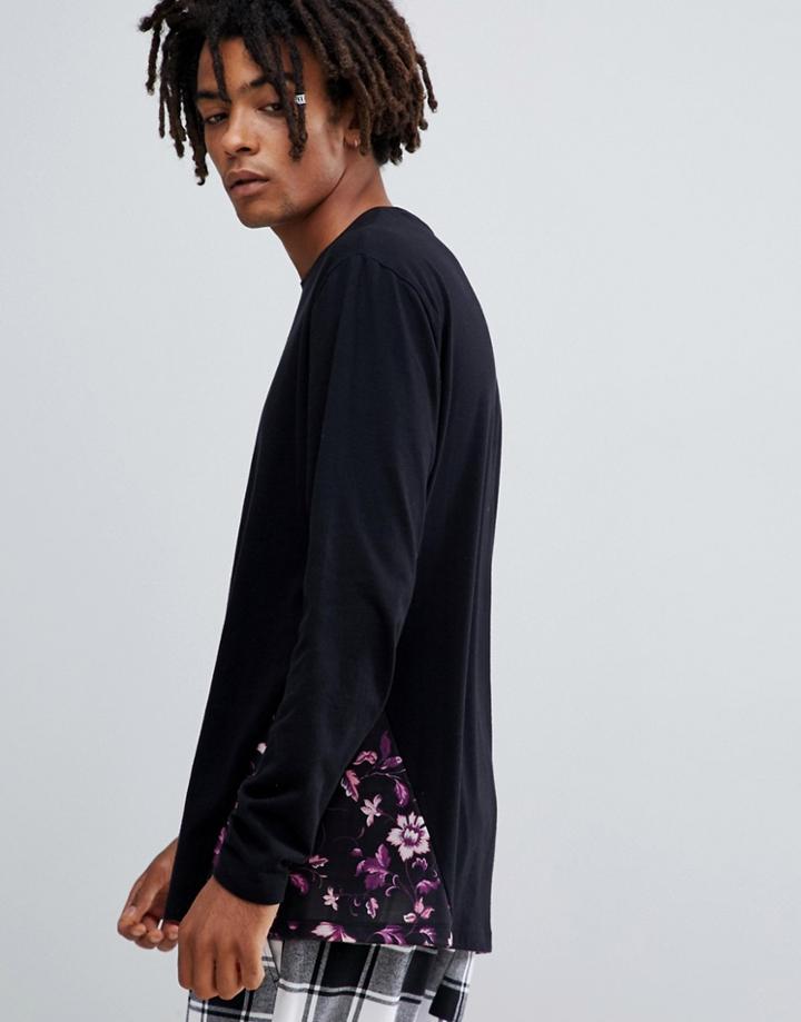 Asos Design Relaxed Long Sleeve T-shirt With Floral Panel - Black