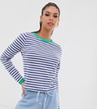 Brave Soul Tall Eloise Stripe Long Sleeve T Shirt With Contrast Trim - Navy