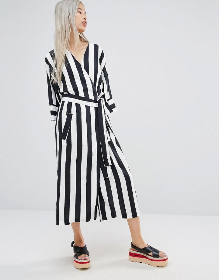 Stylenanda Wrap Front Kimono Dress In Stripe - Black