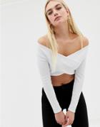 Asos Design Long Sleeve Cross Over Bardot Crop Top-white
