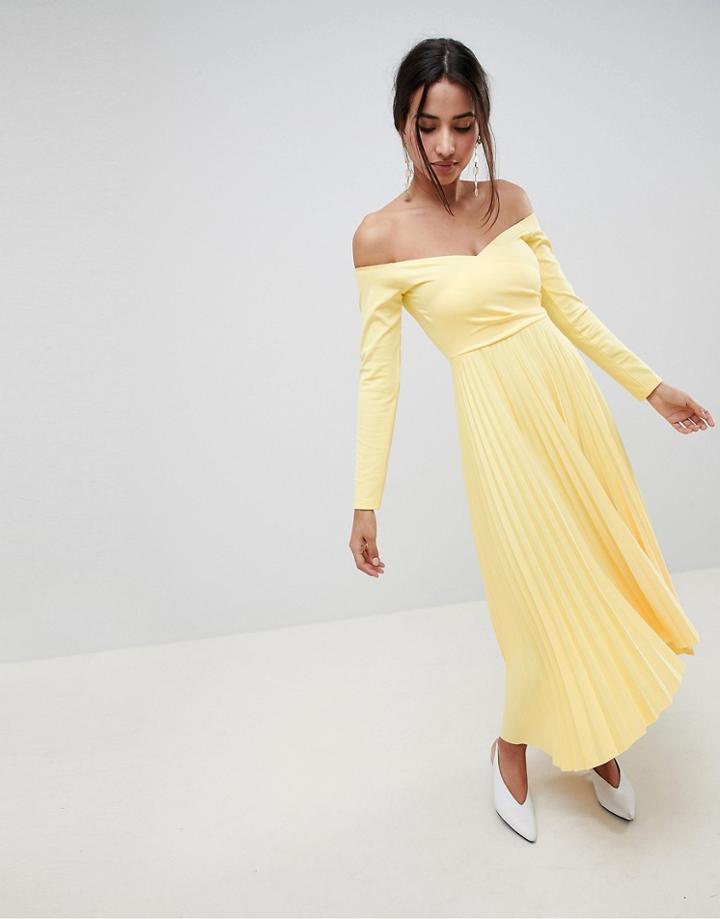 Asos Design Scuba Bardot Pleated Midi Dress - Yellow