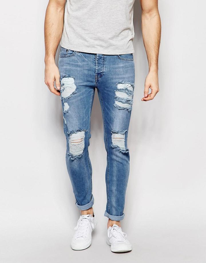 Siksilk Slim Jeans With Distressing - Blue