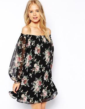 Asos Off Shoulder Swing Dress In Vintage Rose Print - Print