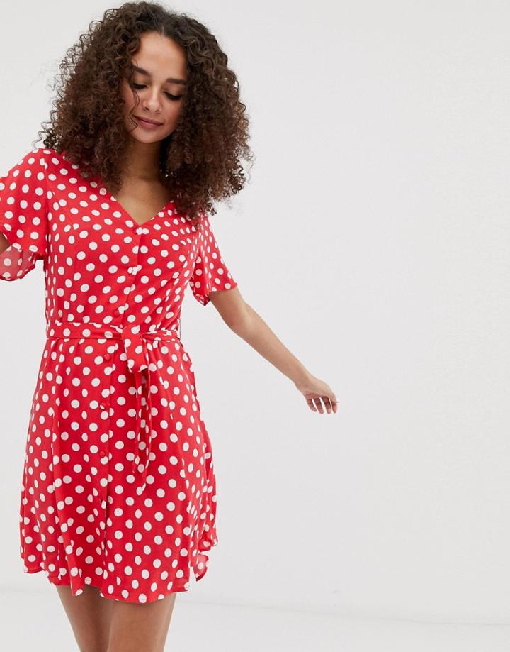 Brave Soul Minnie Button Through Tea Dress In Spot-red