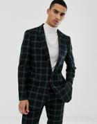 Asos Design Slim Suit Jacket In Black And Green Windowpane Check - Black