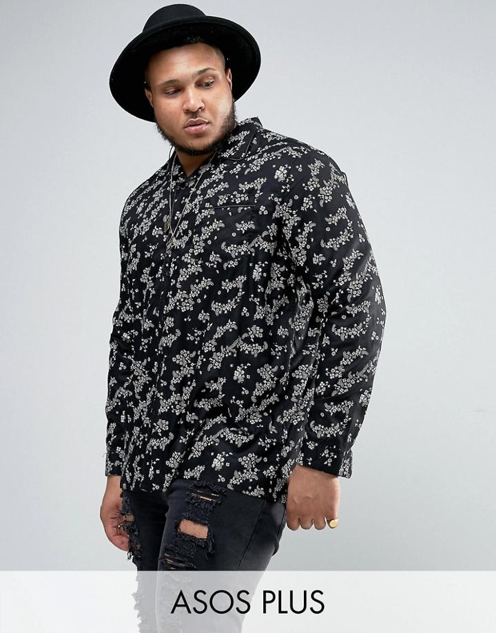 Asos Plus Regular Fit Viscose Shirt With Piping And Floral Print - Black