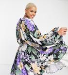 Asos Edition Curve Mini Dress With Blouson Sleeves In Floral Print-multi