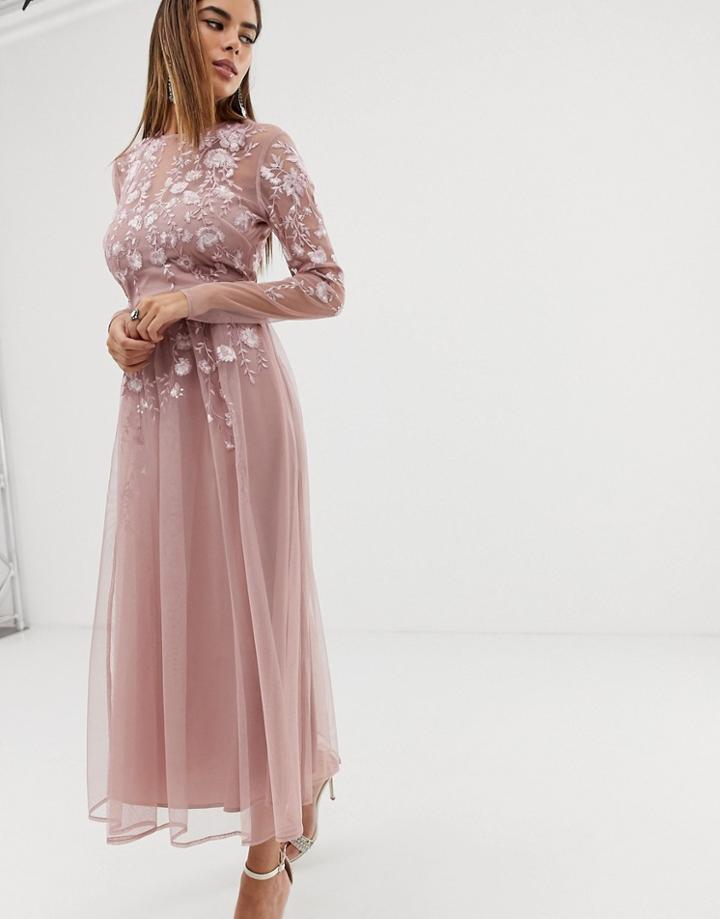 Asos Design Long Sleeve Embroidered Midi Dress-pink