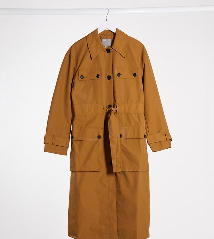 Asos Design Tall Four Pocket Trench Coat In Ochre-neutral