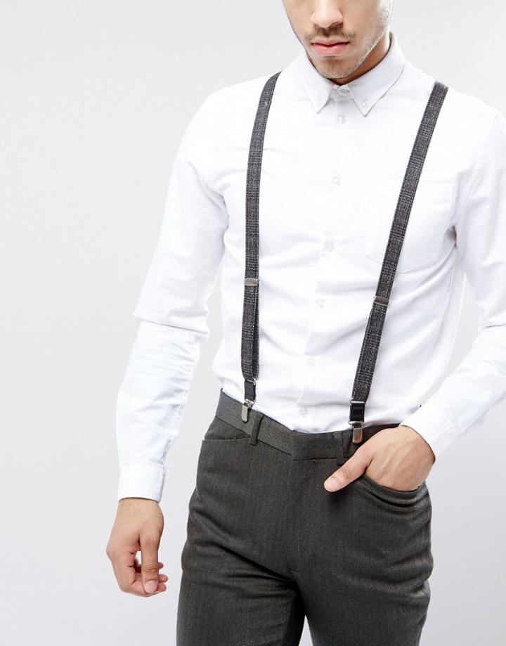 Asos Wedding Suspenders In Charcoal Herringbone - Black