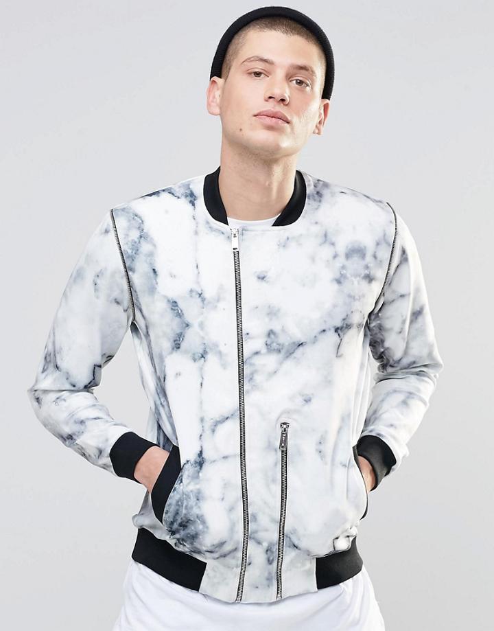 N1sq Marble Print Neoprene Baseball Jacket - White