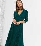 Asos Design Tall Pleated Midi Dress With Batwing Sleeves-green